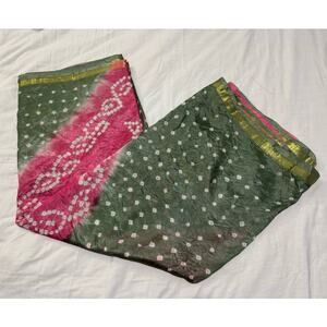 Women's Green & Pink Bandani Style Sari / Saree Fabric
